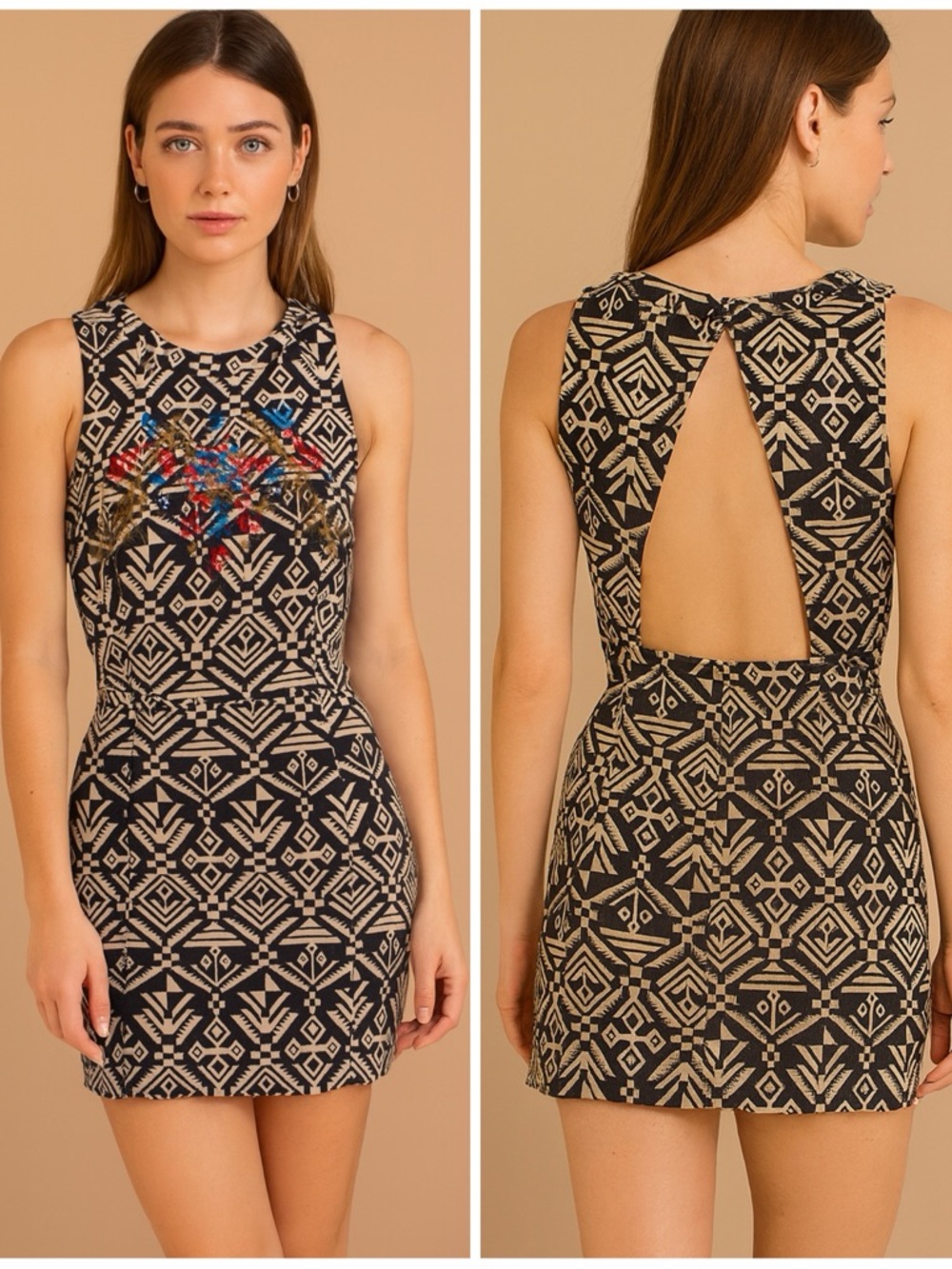 ASTR | Southwestern Tapestry & Embroidered Aztec Jacquard Sheath Dress